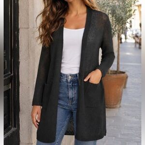 J JILL Linen Blend Duster Long Line Langenlook  Sweater Cardigan Black Size M